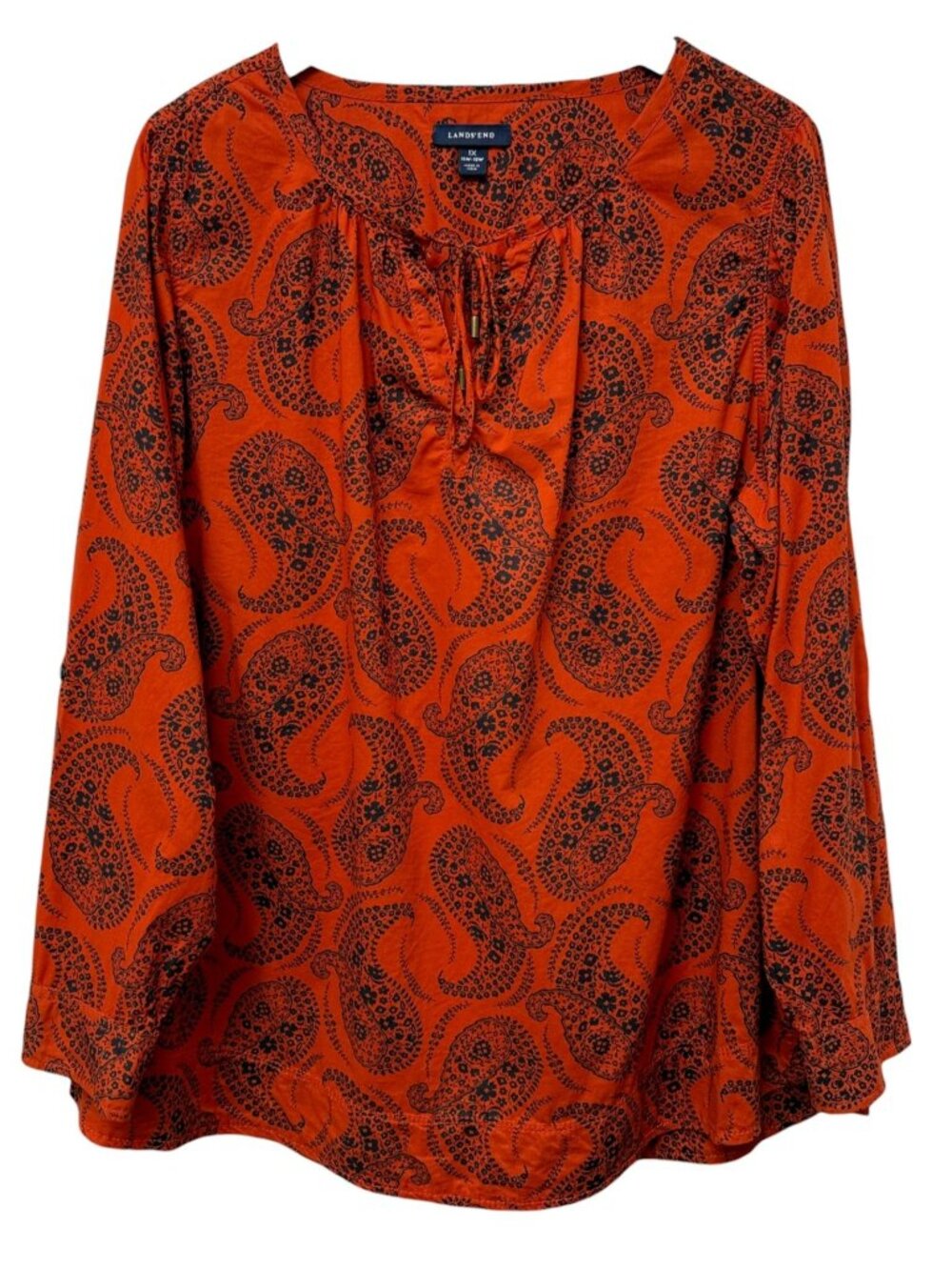 LANDS END Peasant Blouse Plus Size 1X Womens Top Red Navy Paisley Light Cotton